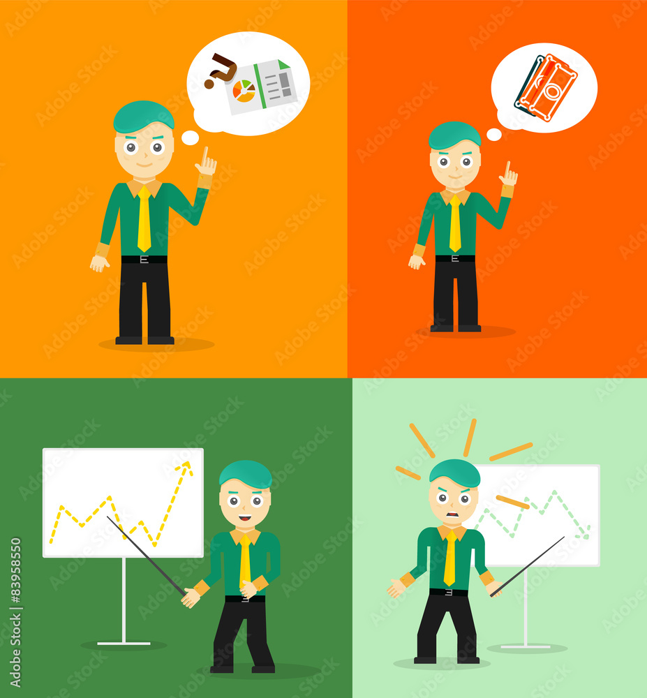 Set of cute cartoon young businessmen. Idea concept and finance Set of cute cartoon young businessmen. Idea concept and finance