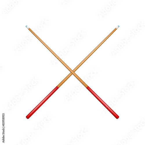 Two crossed billiard cues in retro design with red handle