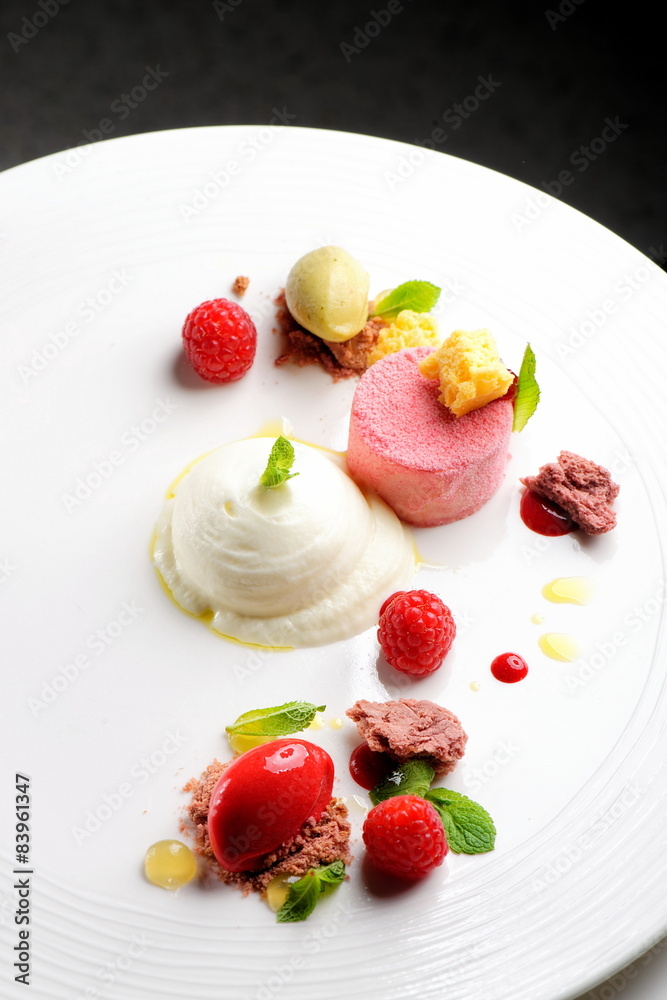 Fine dining dessert, Raspberry Parfait, ice cream Fine dining dessert, Raspberry Parfait, ice cream