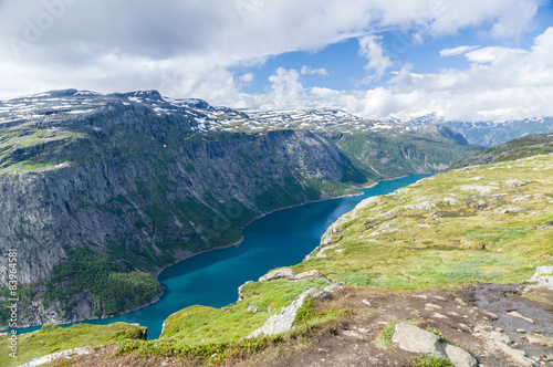 Lake valley and mountain landscape near Trolltunga  Norway
