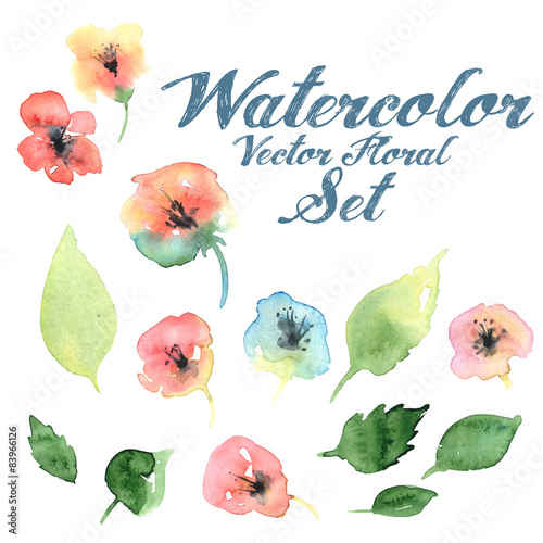 Vector pastel watercolor floral set with flovers and foliage photo