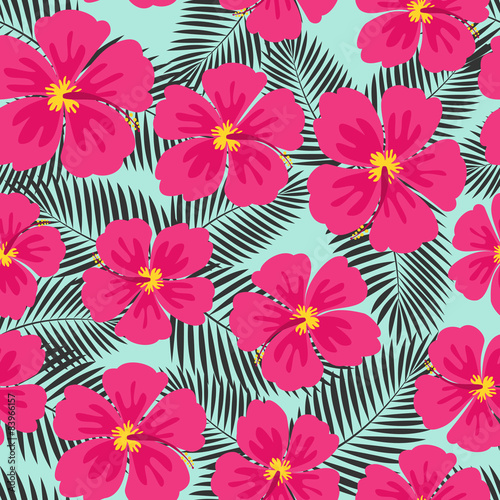 Hibiscus Flowers and Palm Leaves Seamless Pattern