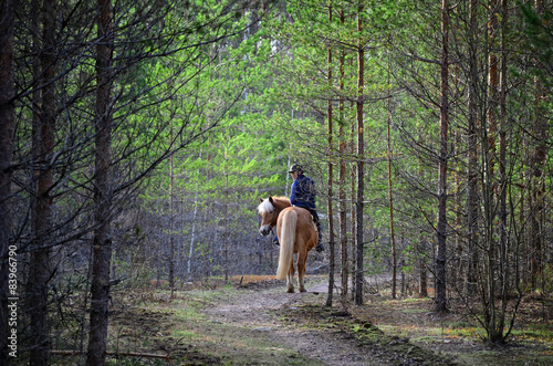 woman horseback riding in forest
