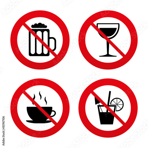 Drinks signs. Coffee cup, glass of beer icons.