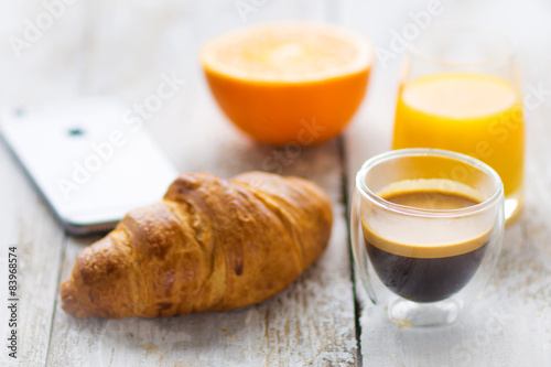 Breakfast, coffee and croissant