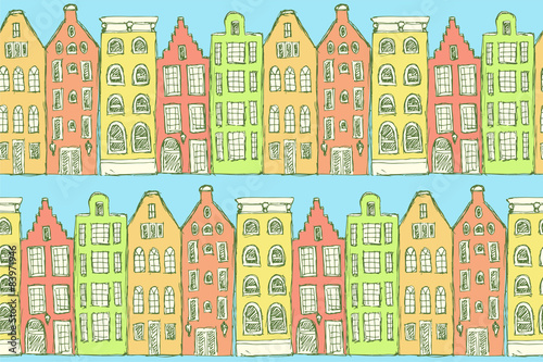 Sketch Amsterdam houses in vintage style