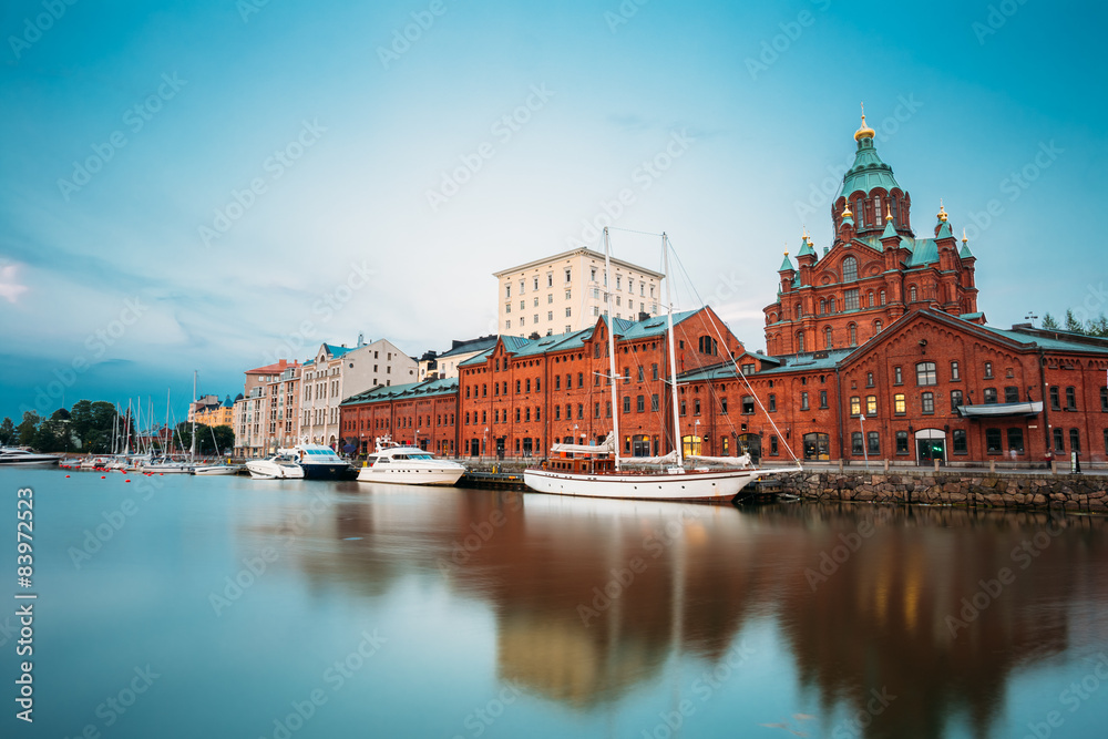 Embankment In Helsinki At Summer Evening, Finland. Town Quay, Fa