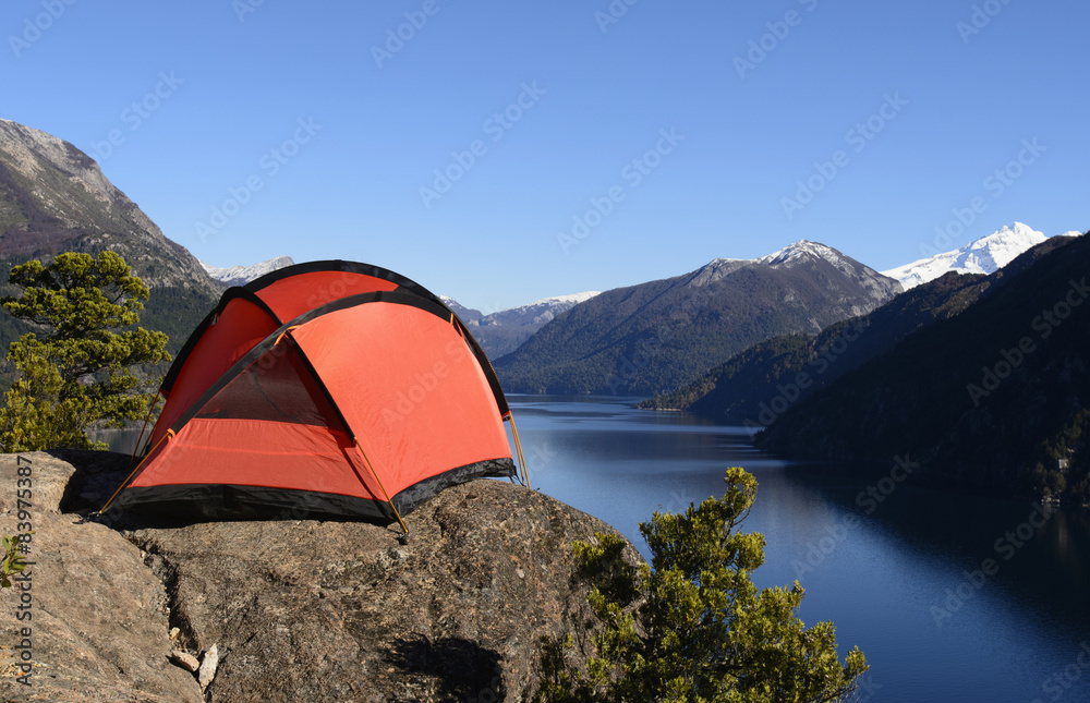 Camping tent by lake