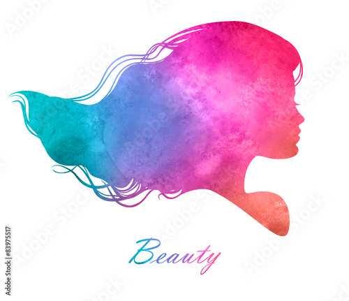 Silhouette head with watercolor hair.Vector illustration of woma