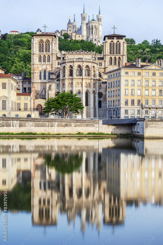 Church and cathedral with reflection in soane in Lyon city