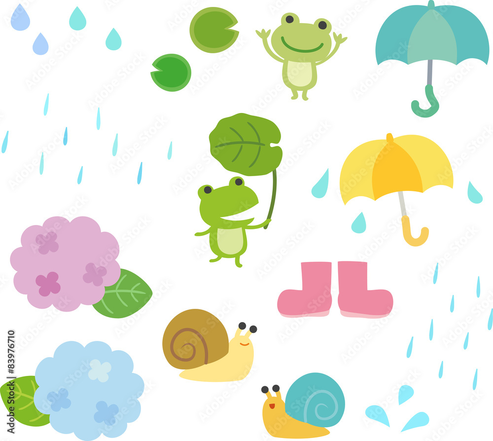 Fototapeta premium 梅雨、カエル、傘の素材