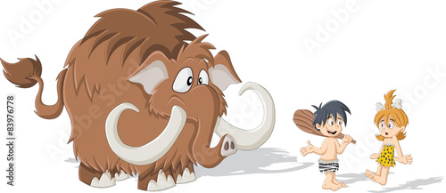 Cartoon caveman and cave woman with a Mammoth. 