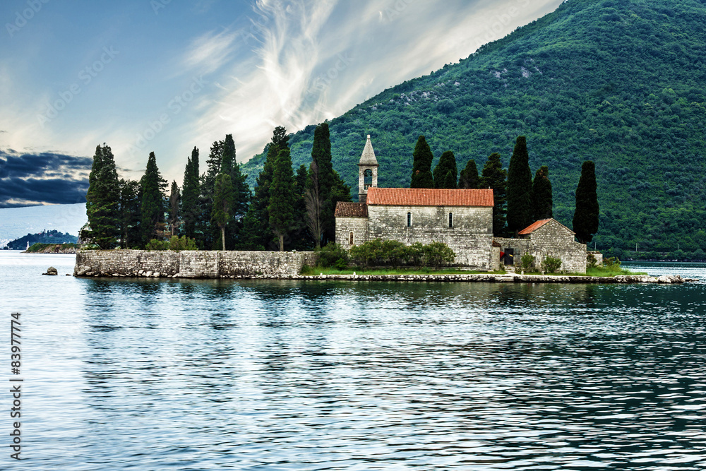 Seascape, Monastery on the island in Perast, Montenegro.