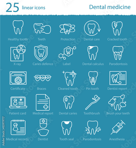Vector dental medicine thin line icons set