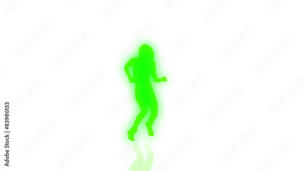 Neon green break dancer does impressive moves on a white reflective background Neon green break dancer does impressive moves on a white reflective background