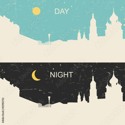 Silhouettes heritage city day and night in the flat style