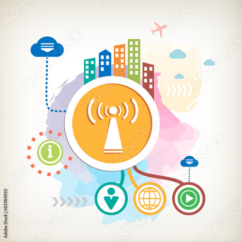 Wi fi and city on abstract colorful watercolor background