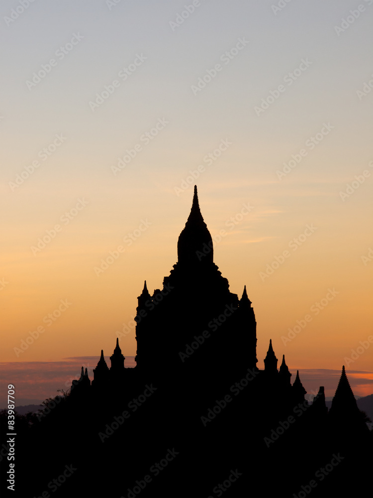 Sunset with silhouette temple in Bagan, Myanmar