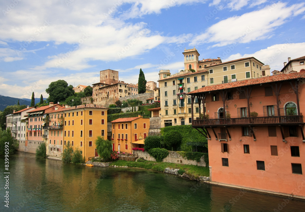 Houses on the river of Italian town Bassano del grappa