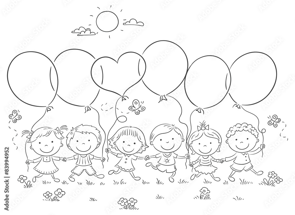 Fototapeta premium Kids with Balloons Outline