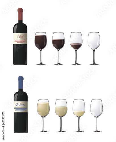 Bottles of red and white wine with glasses isolated