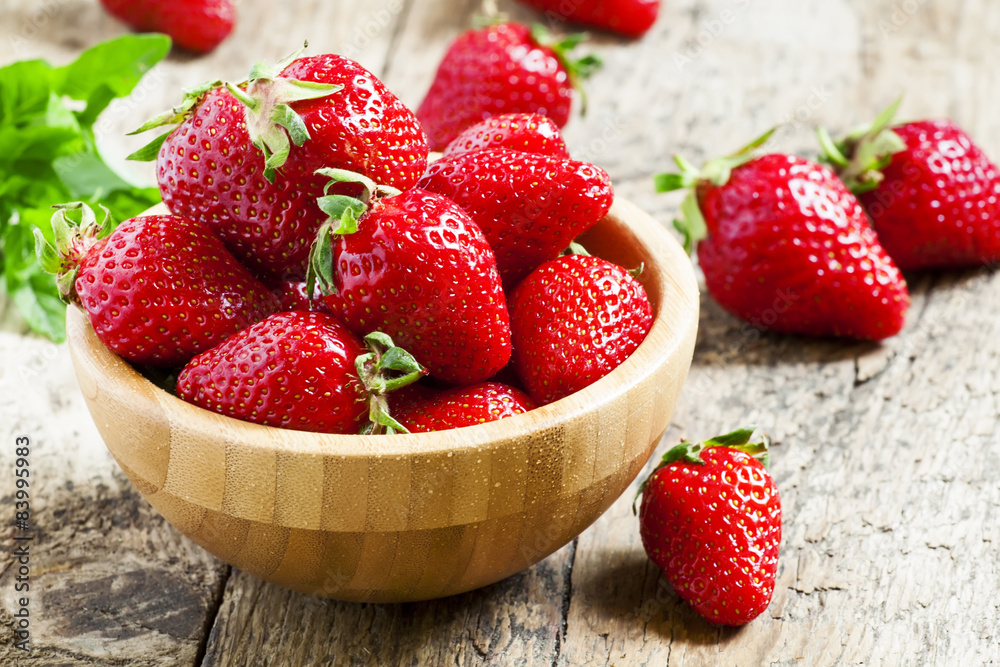 custom made wallpaper toronto digitalFresh strawberries in a wooden bowl on a wooden table in rustic