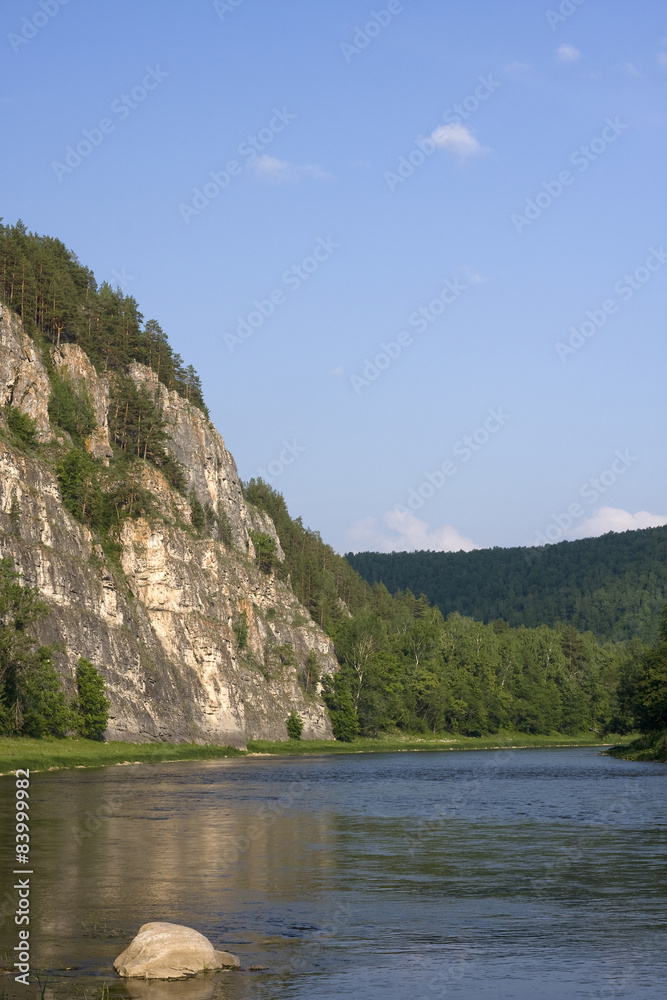 Rocky shore of the river, the Urals region, Russia