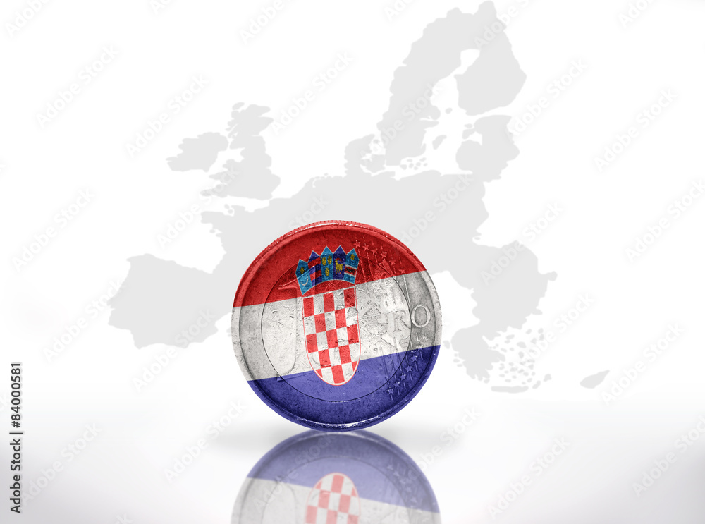 Naklejka premium euro coin with croatian flag on european union map background