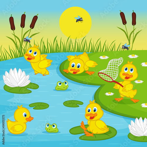 ducklings playing in lake - vector illustration, eps