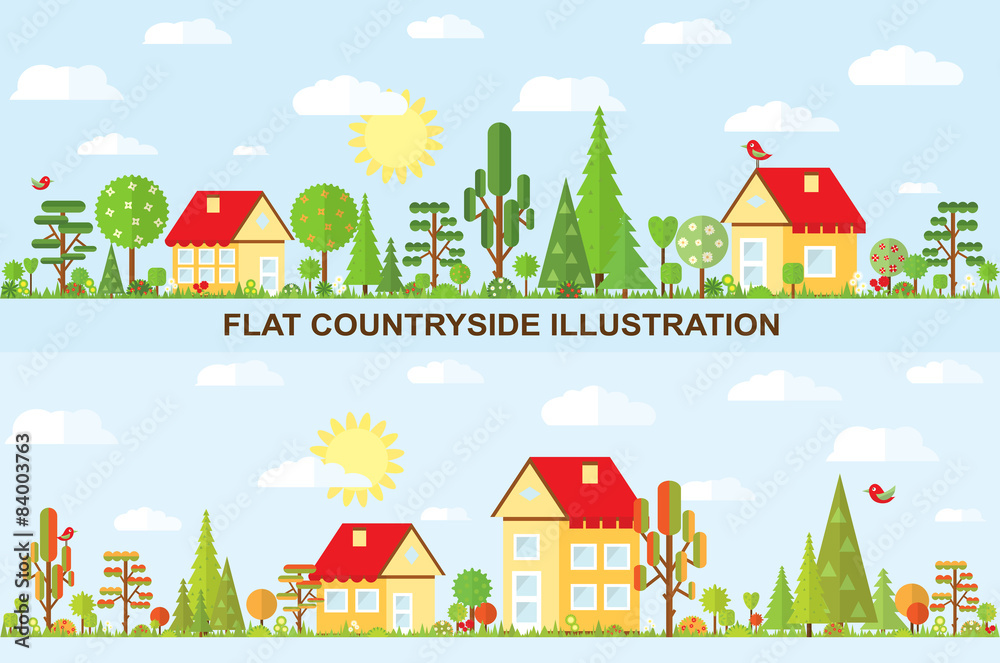 Flat vector tree and house illustration