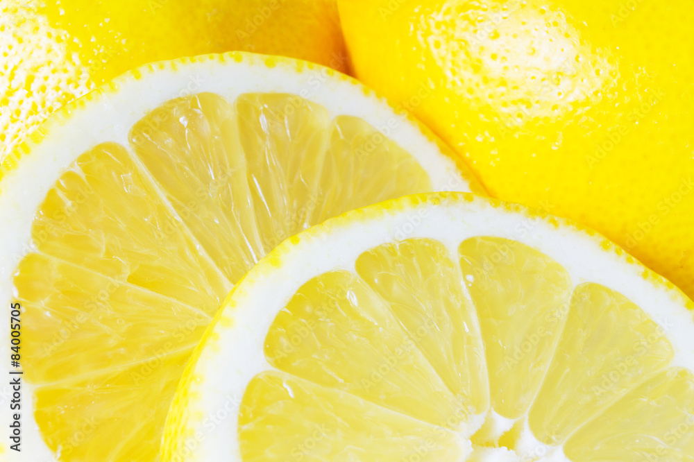 Lemon close up.Macro of inside and outside of lemons. Stock Photo