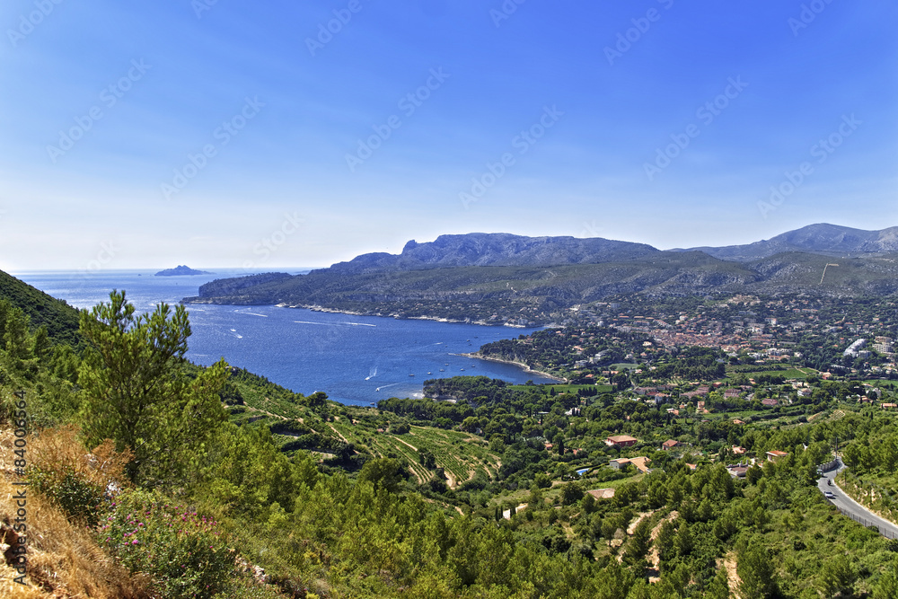 Mediterranean sea bay near Cassis, Provence in France view from mountains