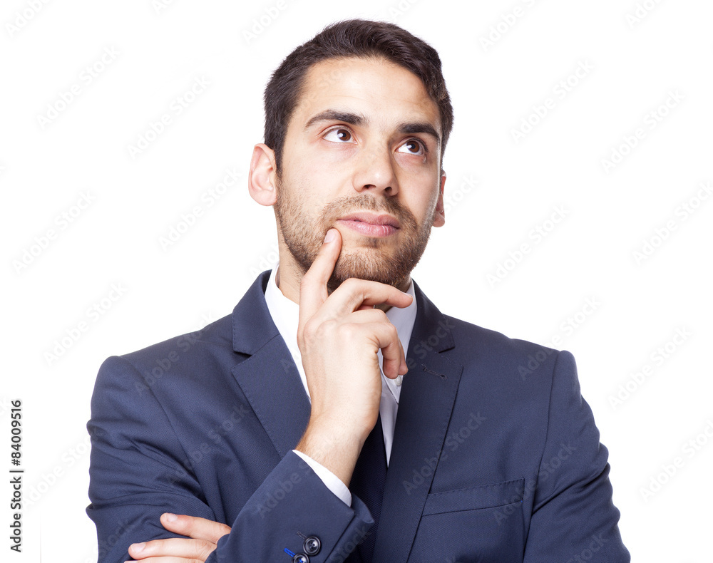Thoughtful businessman looking up, isolated on white background Thoughtful businessman looking up, isolated on white background