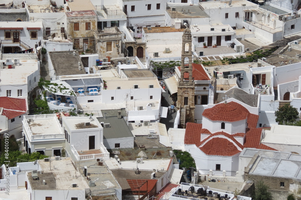 Grèce Rhodes Lindos - Vue sur la ville et l'église de la vierge