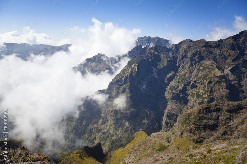 Mountains of Madeira island above the clouds at Pico do Areeiro and Ruivo