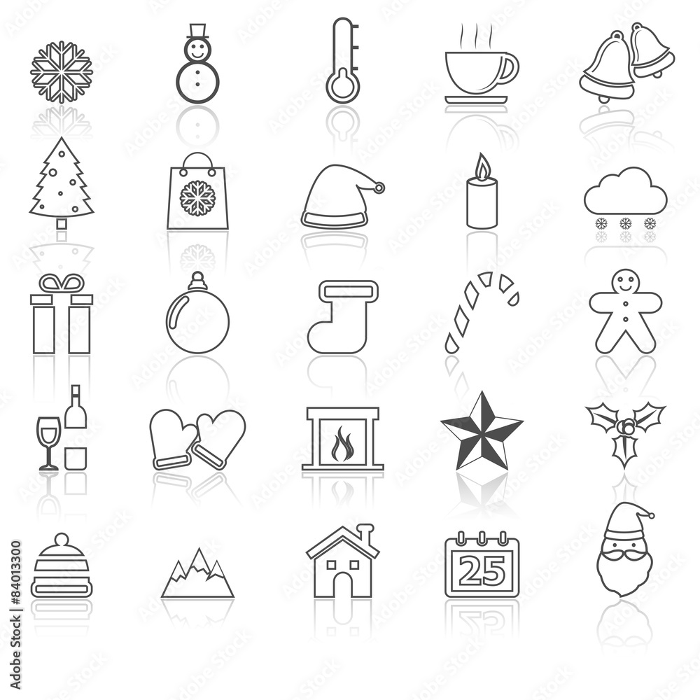 Fototapeta premium Winter line icons with reflect on white