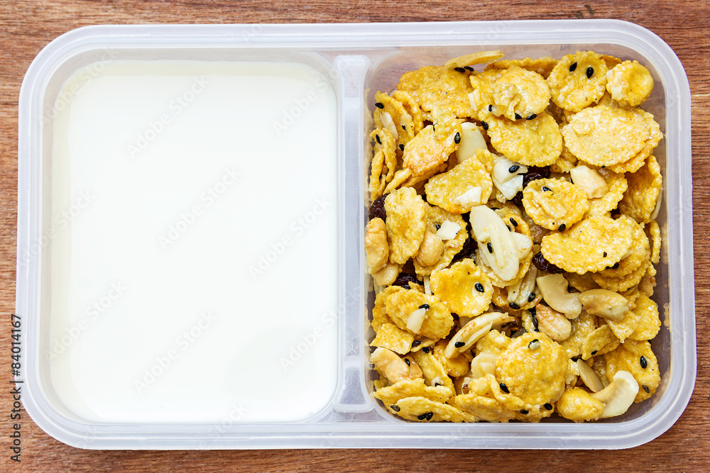cereal made from cornflakes and caramel on wooden cereal made from cornflakes and caramel on wooden