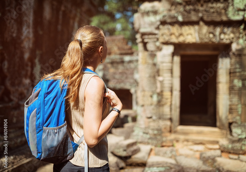 Female tourist in the Preah Khan temple in Angkor, Cambodia © efired