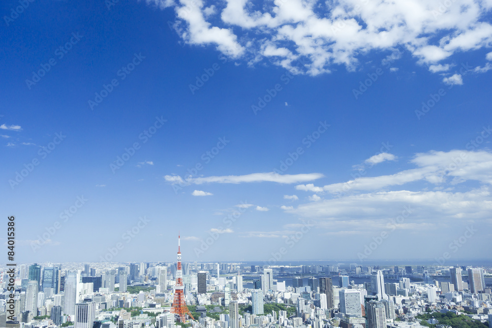 快晴青空　東京タワーと東京都心の街並　2015年5月撮影　湾岸エリアに多くの高層ビルが竣工