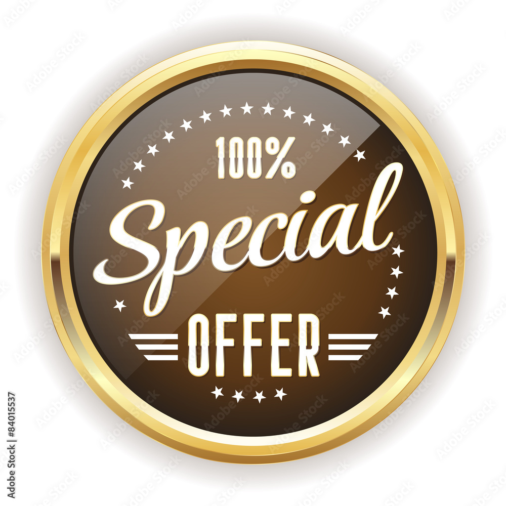 Brown special offer badge with gold border