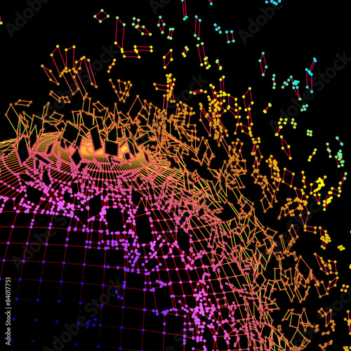 Exploded grid made of connected dots