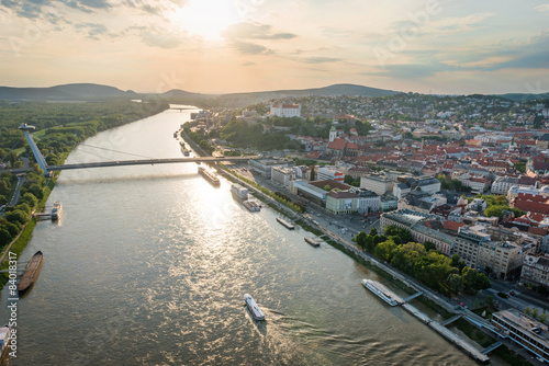 Aerial view of river Danube in Bratislava center, Slovakia