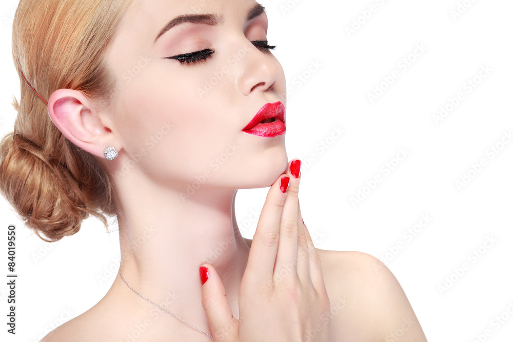  sexy whiteheaded young woman with beautiful red lips on white 