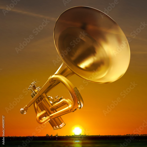 abstract night background with city and trumpet