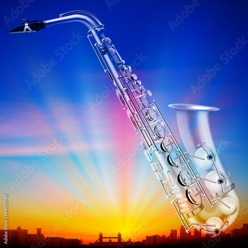 abstract sunrise background with city and saxophone