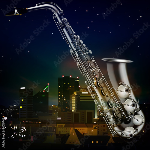 abstract night background with city and saxophone