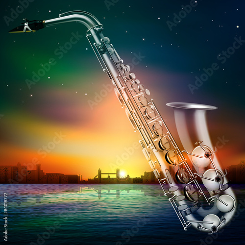 abstract night background with city and saxophone