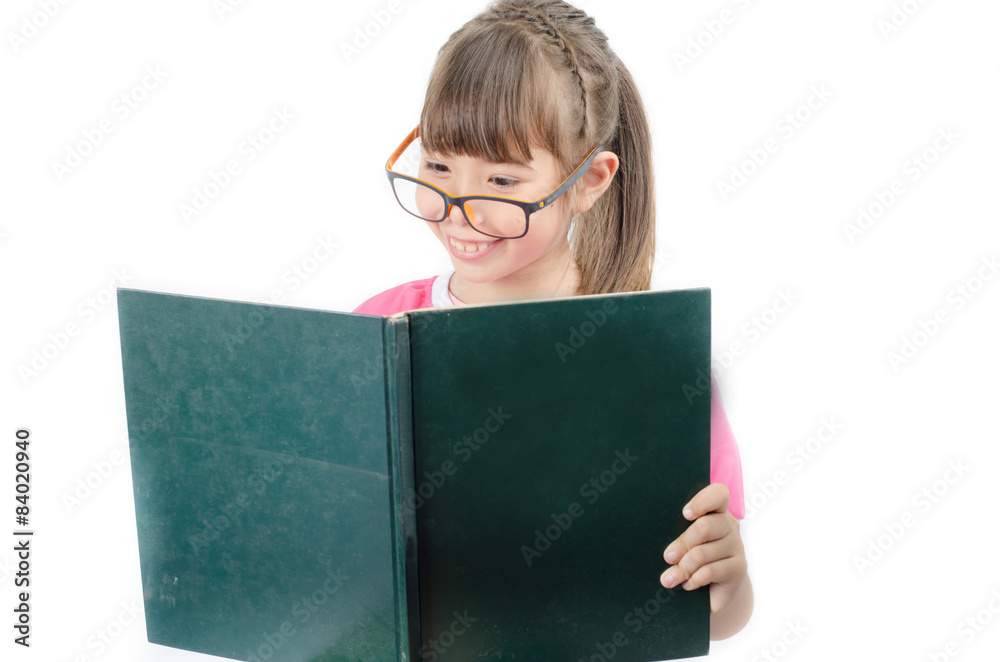 Little girl reading a book and think on white background Little girl reading a book and think on white background
