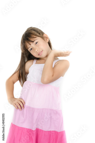 Little happy girl in pink dress on white background © wckiw