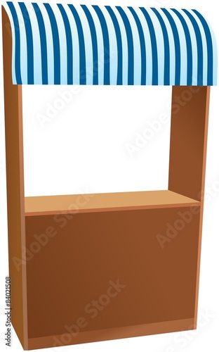 Wooden kiosk with blue striped sunshade